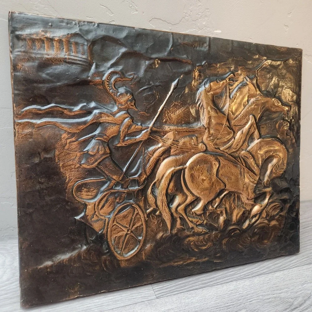 Vintage Cooper Greek Chariot Wall Art Plaque Relief Hand Hammered Mythology Mid